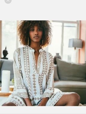 Boho Geo-Print Midi Dress in Cream and Tan